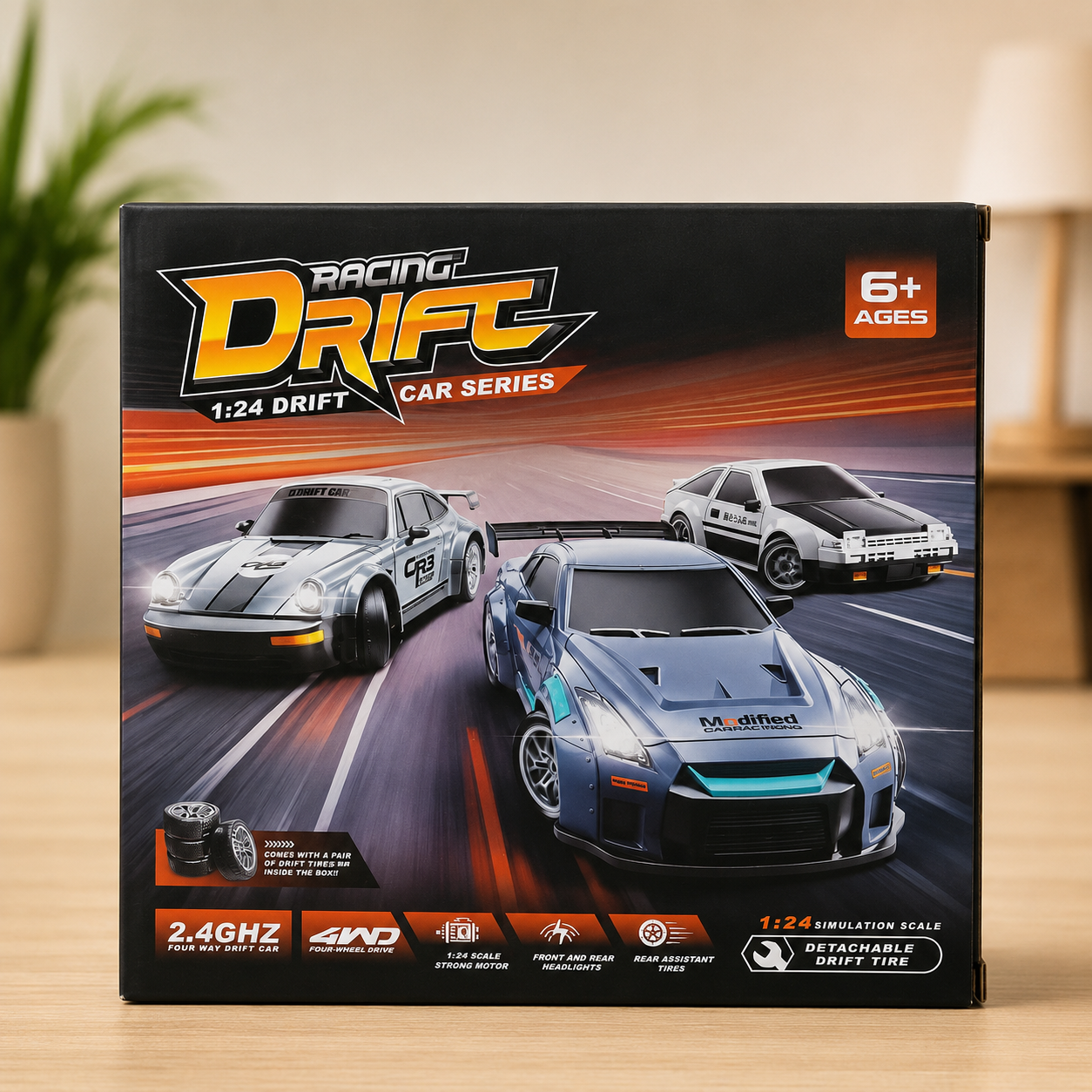 Drift Racing 1:24 RC Car 4WD High Speed Remote Control Car 2.4GHz Rechargeable Drift Vehicle with Extra Tires – White