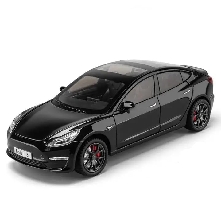 Joy Junction 1:24 Scale Tesla Model 3 Die-Cast Car Model with Sound & Light – Pull Back Metal Collectible Toy Car (Black)