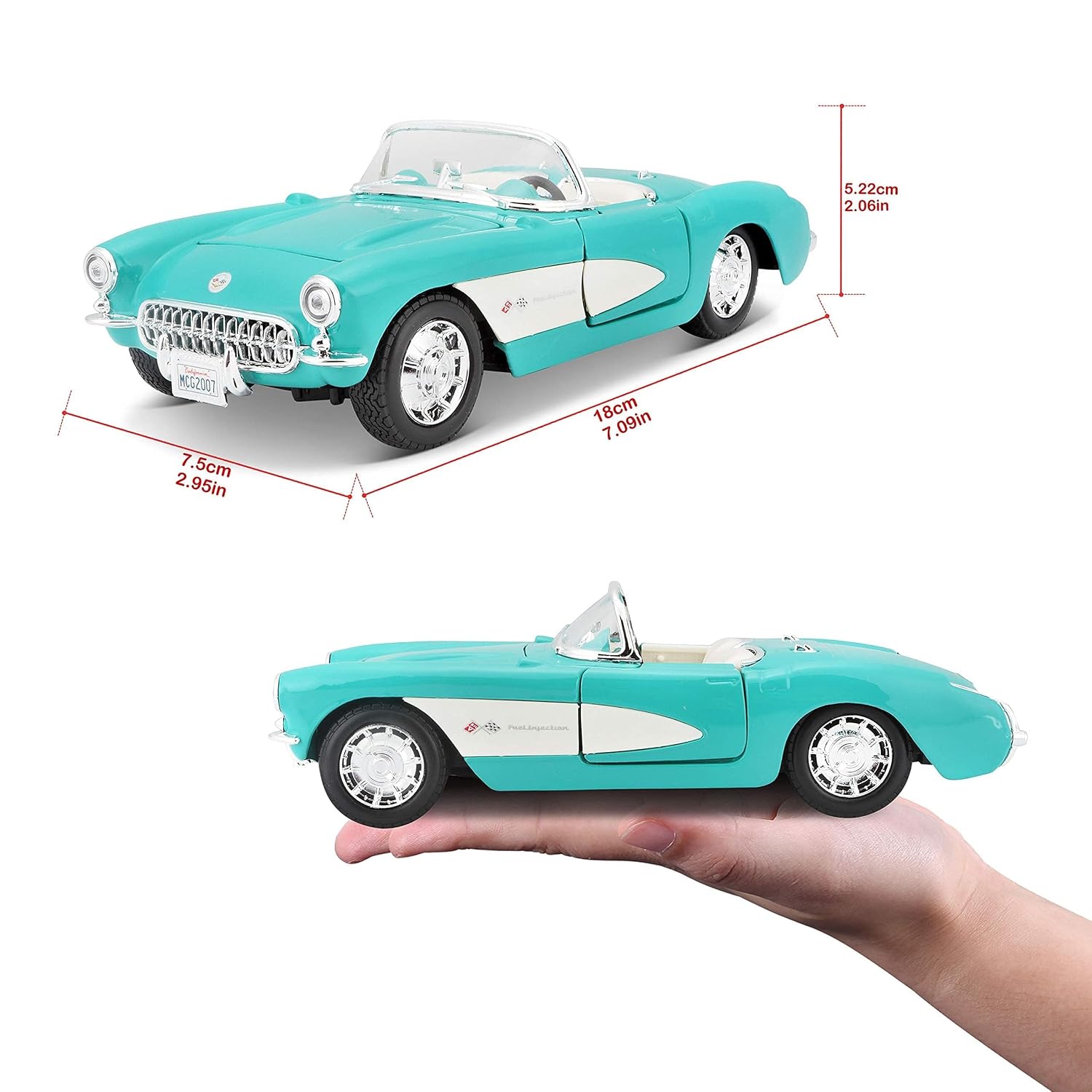 Maisto 1957 Chevrolet Corvette Convertible 1:24 Die-Cast Model Car | Collector's Collection | Turquoise & White Classic Roadster