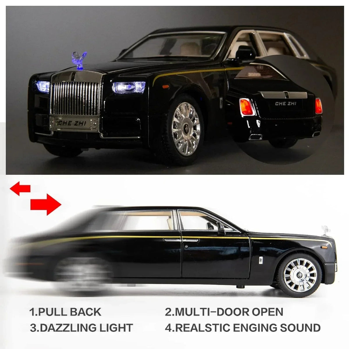 Che-ZHI 1:24 Scale Rolls-Royce Phantom Die-Cast Black Model with Lights and Sounds