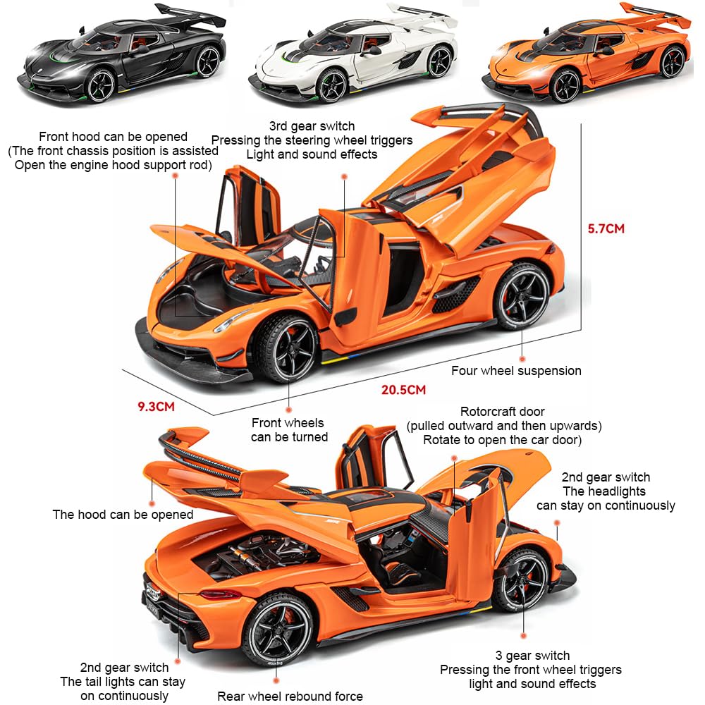 Joy Junction Koenig Smoke 1:24 Scale Die-Cast Hypercar Model with Sound & Light – Pull Back Metal Sports Car Toy for Collectors (Black)