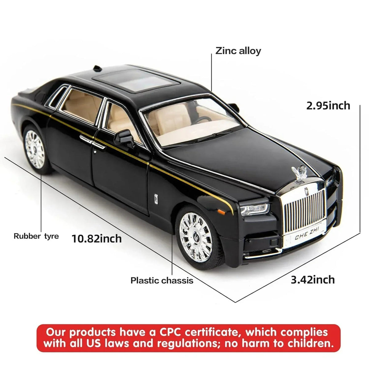 Che-ZHI 1:24 Scale Rolls-Royce Phantom Die-Cast Black Model with Lights and Sounds