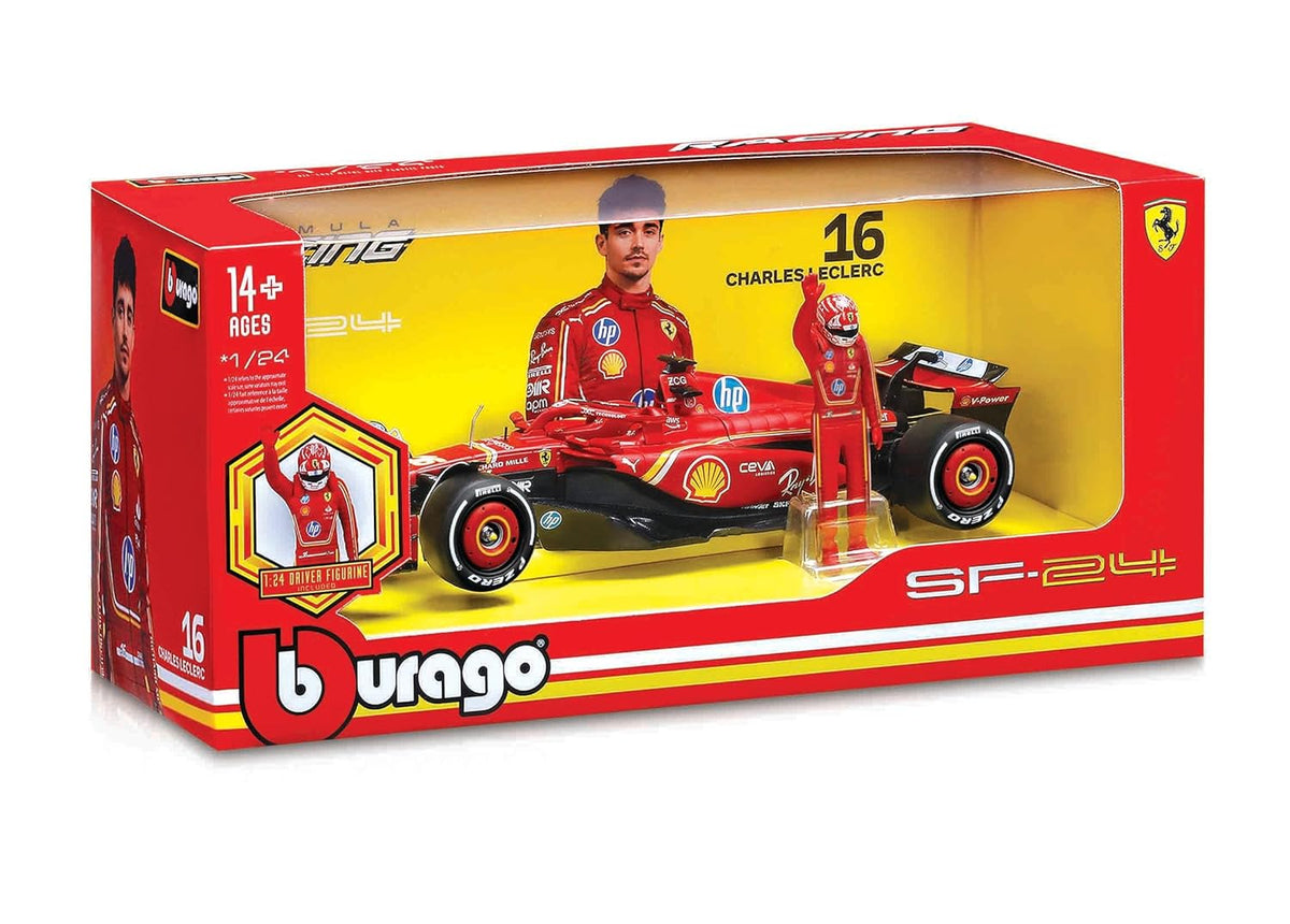 Bburago 1:24 Scuderia Ferrari SF-24 Formula 1 Race Car with Charles Leclerc Driver Figure (2024) Diecast Model | Official Ferrari Licensed Collectible