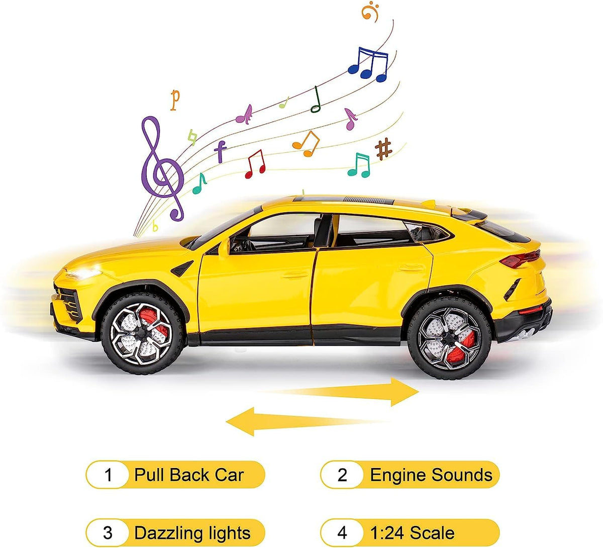 Joy Junction Lamborghini Bison URUS Smoke 1:24 Scale Die-Cast SUV Model with Sound & Light – Pull Back Metal Sports SUV Toy (Yellow)
