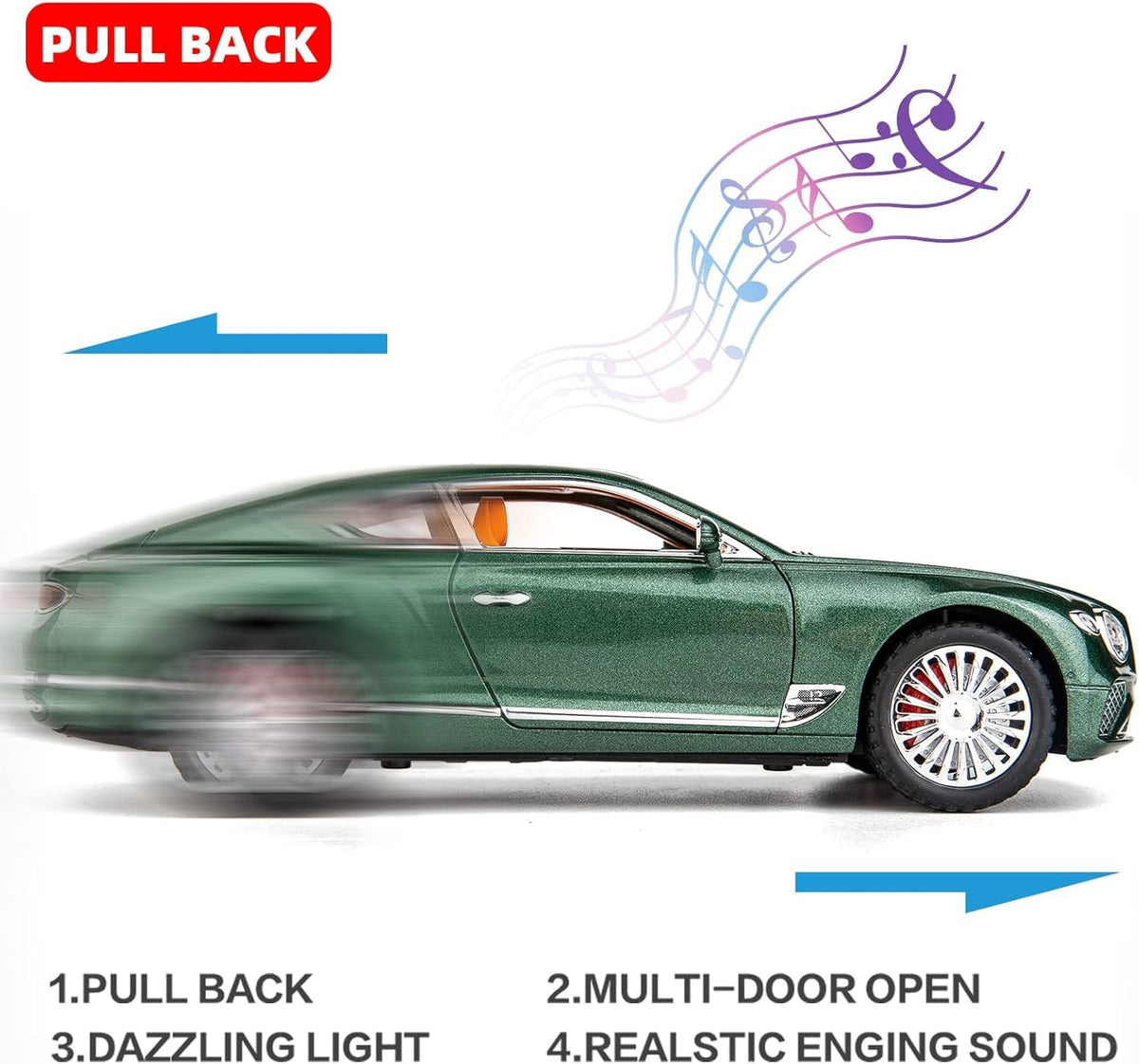 Joy Junction Bentley Cont Smoke 1:24 Scale Die-Cast Luxury Coupe Model with Sound & Light – Pull Back Metal Car Toy (Green)