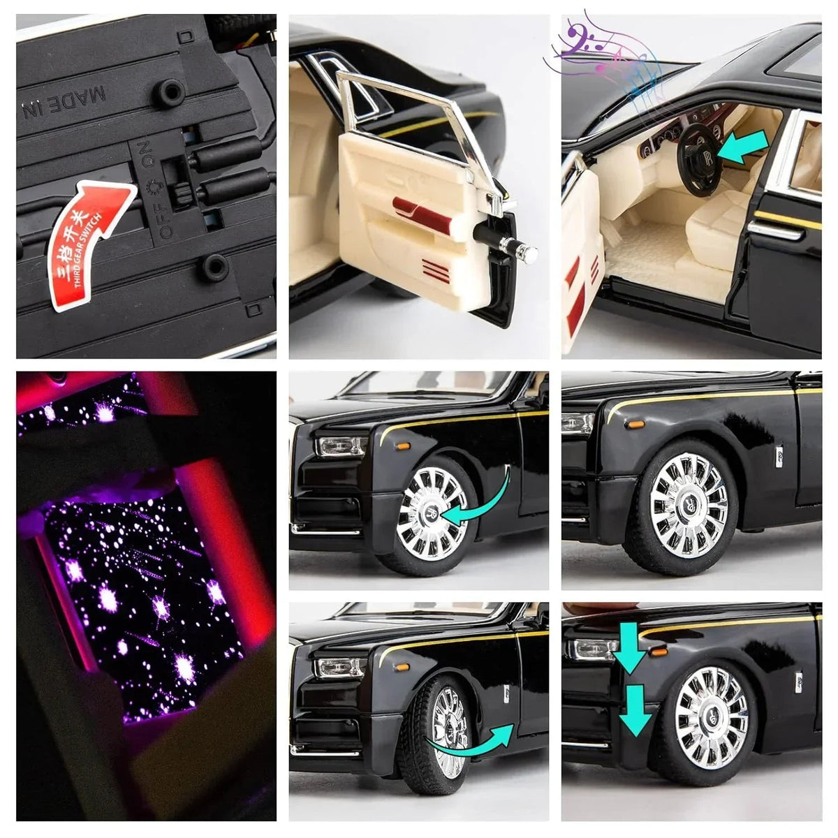 Che-ZHI 1:24 Scale Rolls-Royce Phantom Die-Cast Black Model with Lights and Sounds