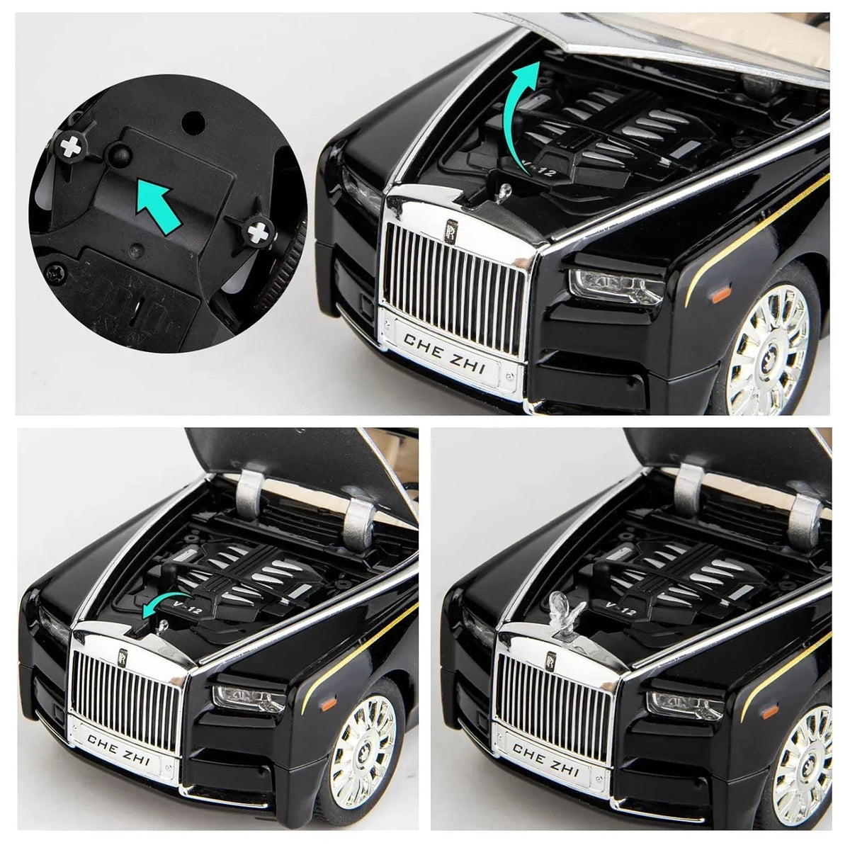 Che-ZHI 1:24 Scale Rolls-Royce Phantom Die-Cast Black Model with Lights and Sounds