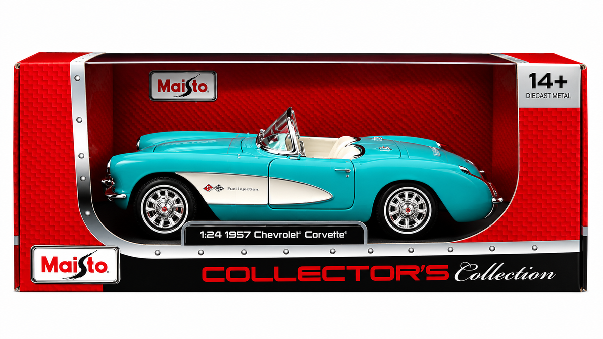 Maisto 1957 Chevrolet Corvette Convertible 1:24 Die-Cast Model Car | Collector's Collection | Turquoise & White Classic Roadster