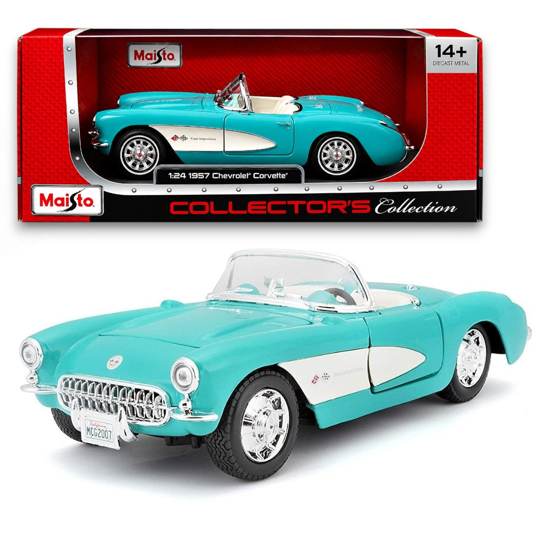 Maisto 1957 Chevrolet Corvette Convertible 1:24 Die-Cast Model Car | Collector's Collection | Turquoise & White Classic Roadster