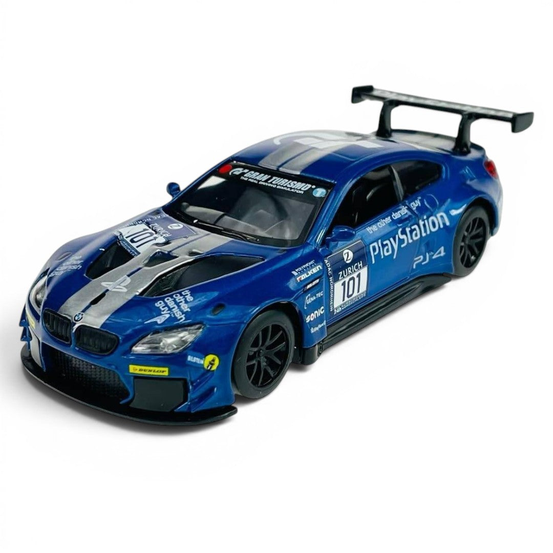MSZ 1:24 BMW M6 GT3 #101 PlayStation Livery Blue Die-Cast Model Car with Openable Doors & Pull-Back Action