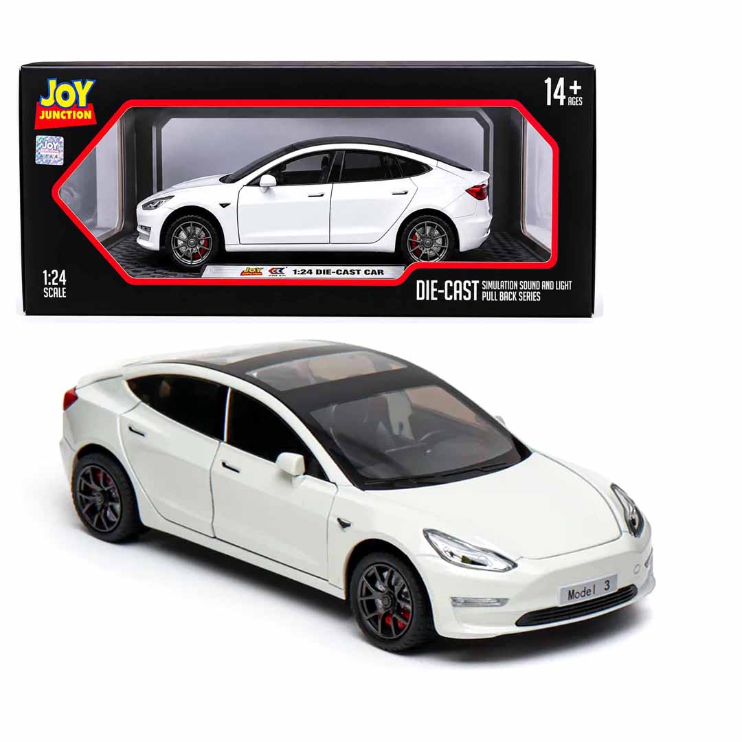 Joy Junction 1:24 Scale Tesla Model 3 Diecast Car Model with Sound & Light – Pull Back Metal Toy Car for Kids & Collectors (White)