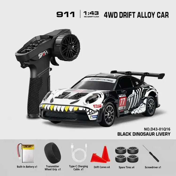 HStar D43-01Q16 Porsche 911 Black Dinosaur Livery Edition 1:43 Scale 4WD RC Drift Car | 2.4GHz Full Proportional Control, Gyro Stabilization & LED Lights