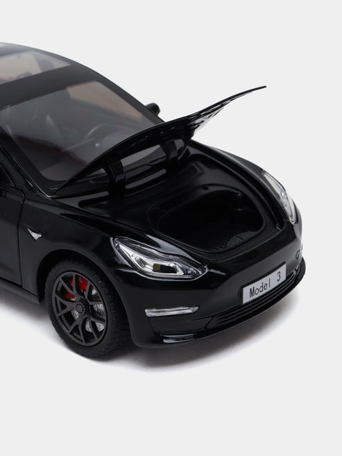 Joy Junction 1:24 Scale Tesla Model 3 Die-Cast Car Model with Sound & Light – Pull Back Metal Collectible Toy Car (Black)