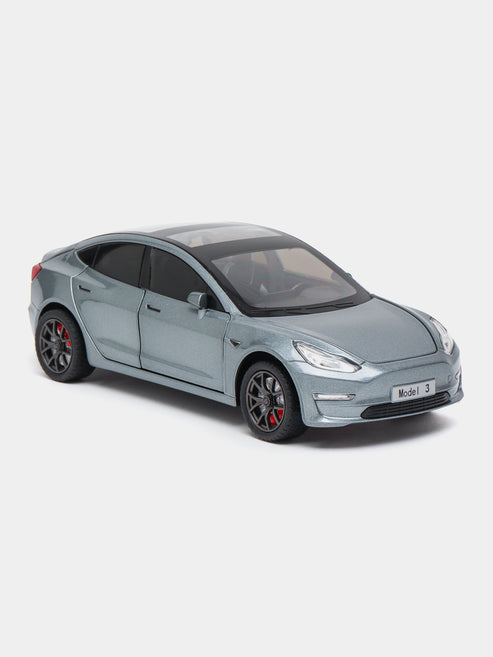 Joy Junction 1:24 Scale Tesla Model 3 Die-Cast Car Model with Sound & Light – Pull Back Metal Collectible Toy Car (Silver Grey)
