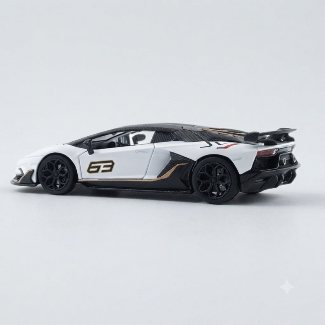 MSZ 1:24 Lamborghini Aventador SVJ White Die-Cast Model Car with Lights, Sound, Openable Doors & Pull-Back Action
