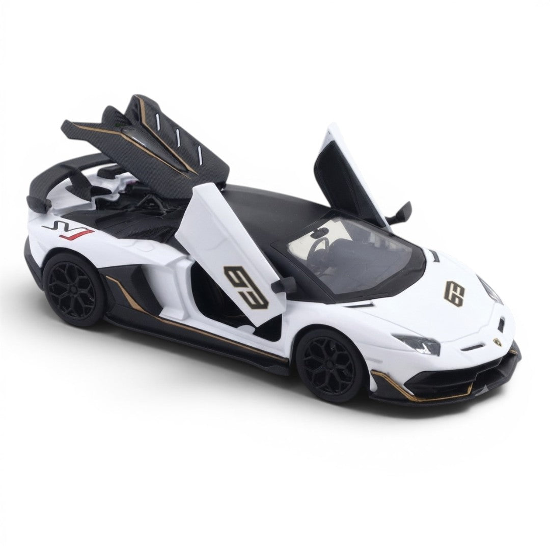 MSZ 1:24 Lamborghini Aventador SVJ White Die-Cast Model Car with Lights, Sound, Openable Doors & Pull-Back Action
