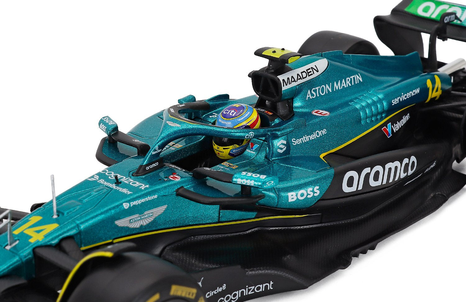 Bburago 1:24 Aston Martin Aramco Cognizant F1 Team AMR25 No.14 Fernando Alonso (2025 Season) Die-Cast Model Car with Driver Figure & Showcase