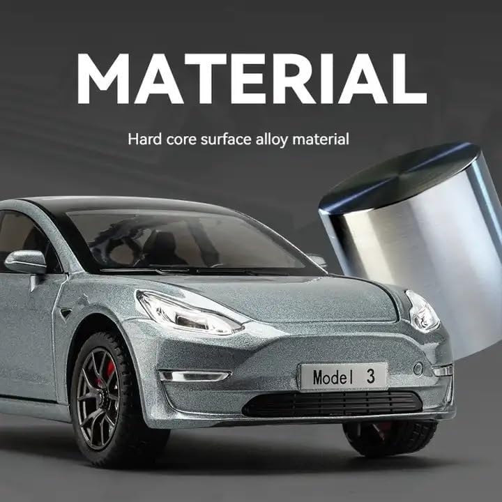 Joy Junction 1:24 Scale Tesla Model 3 Die-Cast Car Model with Sound & Light – Pull Back Metal Collectible Toy Car (Silver Grey)