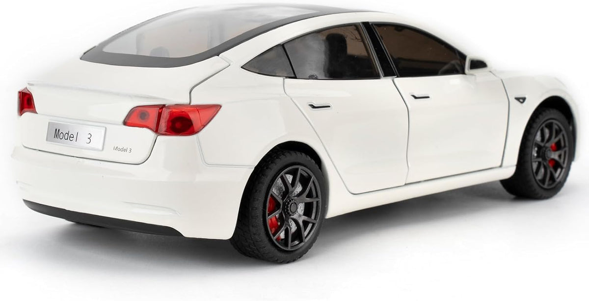Joy Junction 1:24 Scale Tesla Model 3 Diecast Car Model with Sound & Light – Pull Back Metal Toy Car for Kids & Collectors (White)
