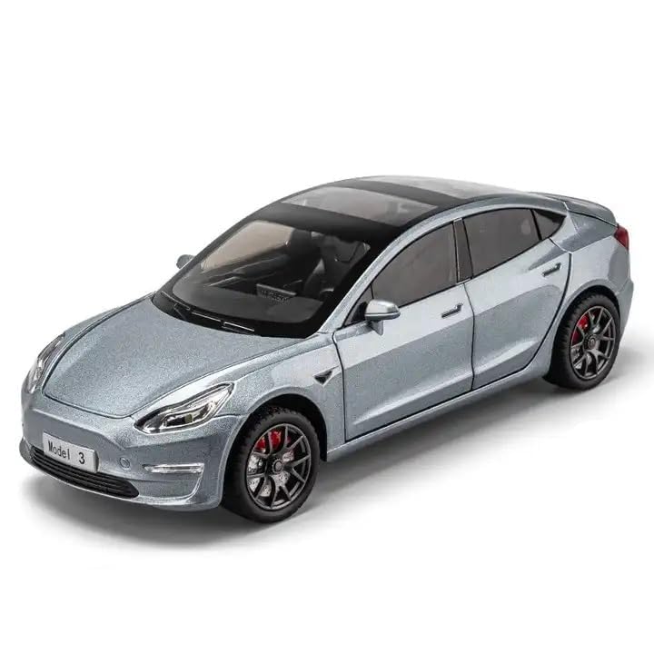 Joy Junction 1:24 Scale Tesla Model 3 Die-Cast Car Model with Sound & Light – Pull Back Metal Collectible Toy Car (Silver Grey)