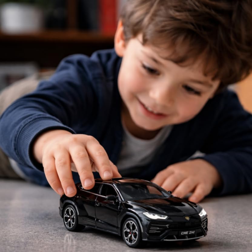 Joy Junction 1:24 Lamborghini Bison URUS Smoke Scale Die-Cast SUV Model with Sound & Light – Pull Back Metal Sports SUV Toy (Black)