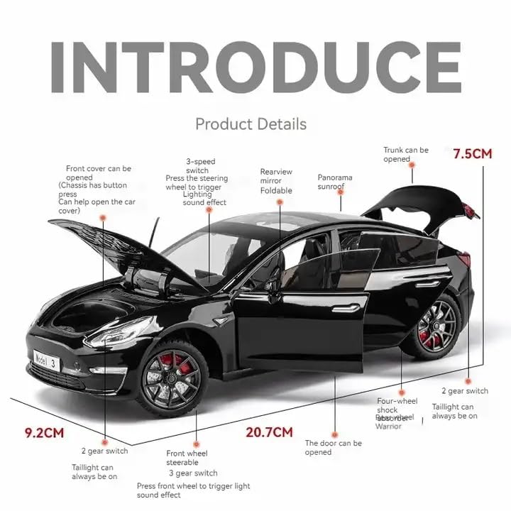 Joy Junction 1:24 Scale Tesla Model 3 Die-Cast Car Model with Sound & Light – Pull Back Metal Collectible Toy Car (Black)