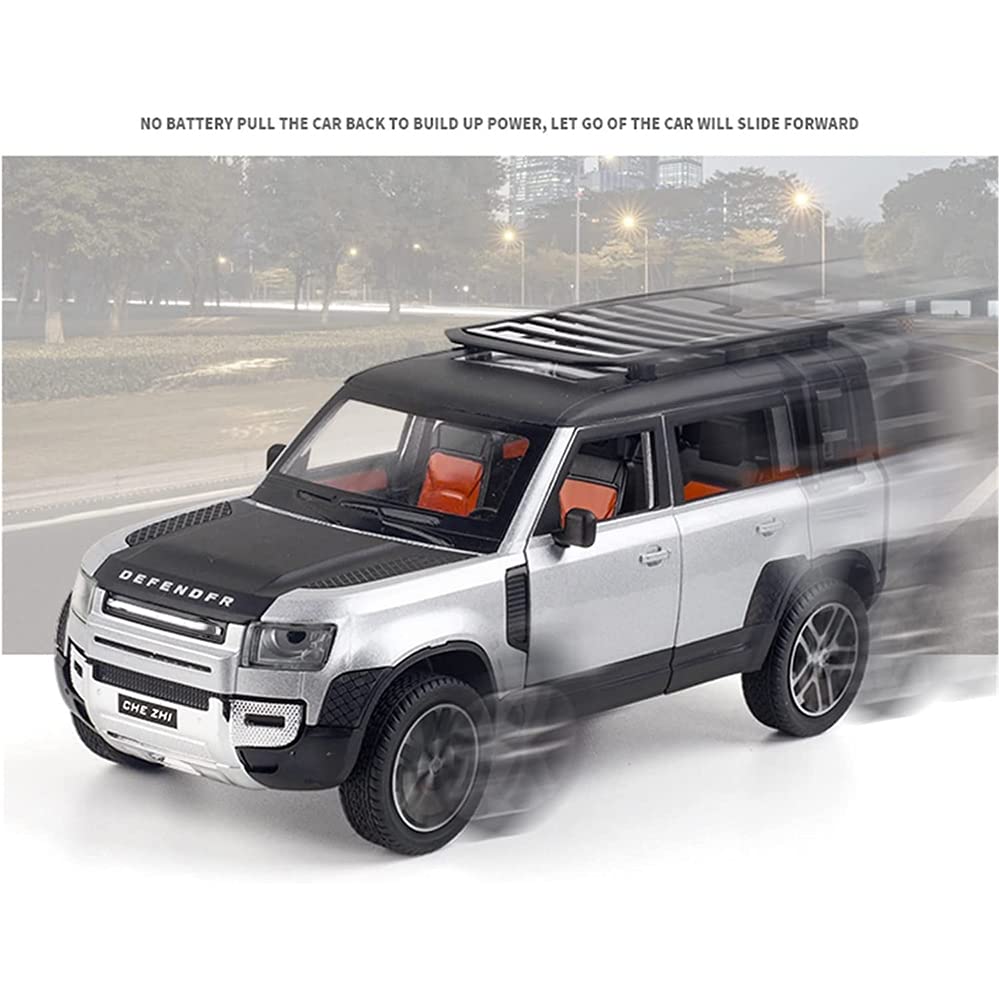 Joy Junction 1:24 Scale Defender SUV Die-Cast Model Car with Sound & Light – Pull Back Metal Off-Road Vehicle Toy (Silver)