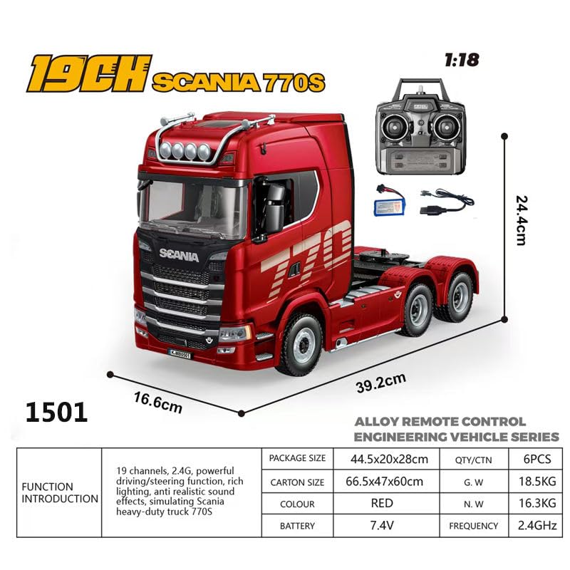 Huina 1501A 1:18 Scania 770 S V8 RC Tractor Truck | 19-Channel 2.4GHz Remote Control Semi Truck with LED Lights & Rechargeable Battery (RTR)