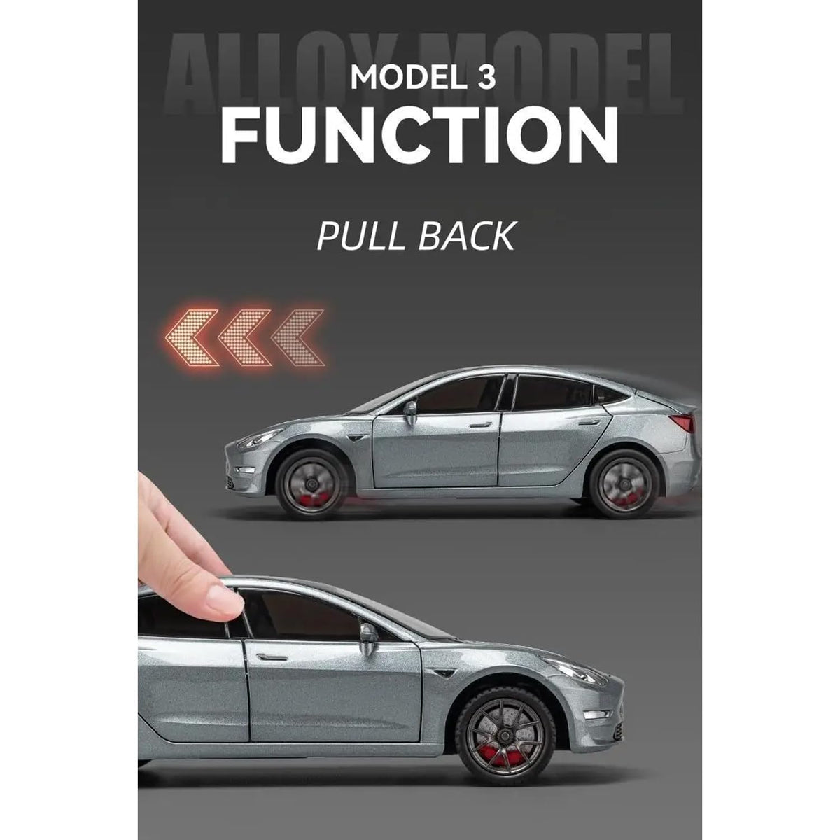 Joy Junction 1:24 Scale Tesla Model 3 Die-Cast Car Model with Sound & Light – Pull Back Metal Collectible Toy Car (Silver Grey)
