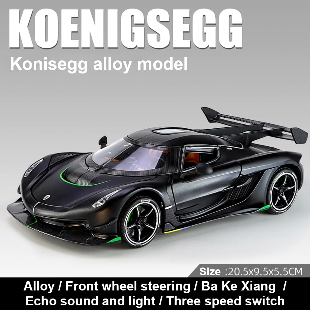 Joy Junction Koenig Smoke 1:24 Scale Die-Cast Hypercar Model with Sound & Light – Pull Back Metal Sports Car Toy for Collectors (Black)