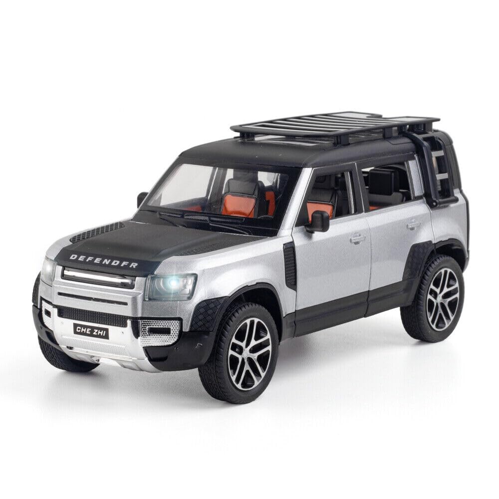Joy Junction 1:24 Scale Defender SUV Die-Cast Model Car with Sound & Light – Pull Back Metal Off-Road Vehicle Toy (Silver)