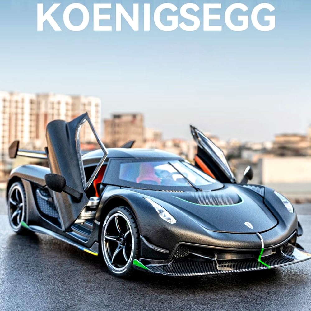 Joy Junction Koenig Smoke 1:24 Scale Die-Cast Hypercar Model with Sound & Light – Pull Back Metal Sports Car Toy for Collectors (Black)