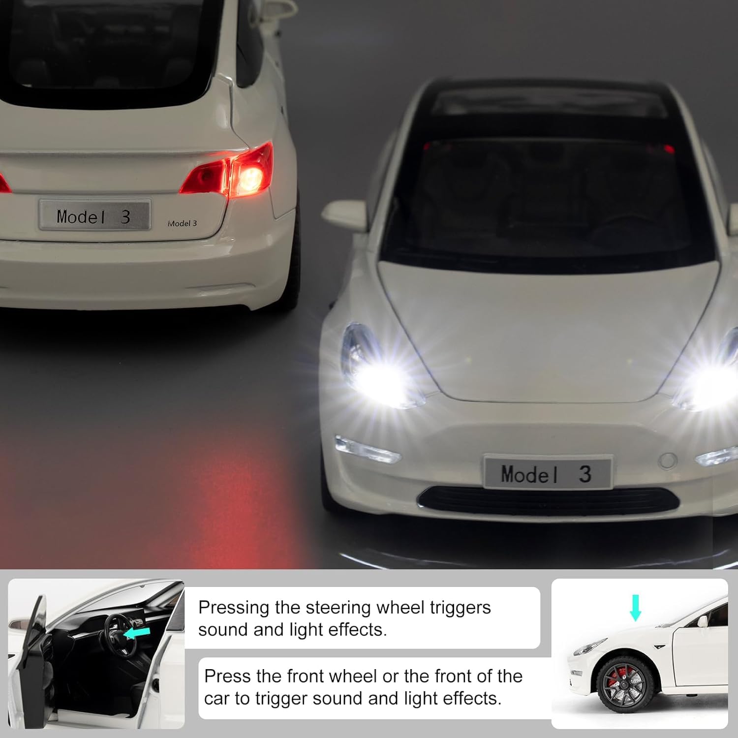 Joy Junction 1:24 Scale Tesla Model 3 Diecast Car Model with Sound & Light – Pull Back Metal Toy Car for Kids & Collectors (White)