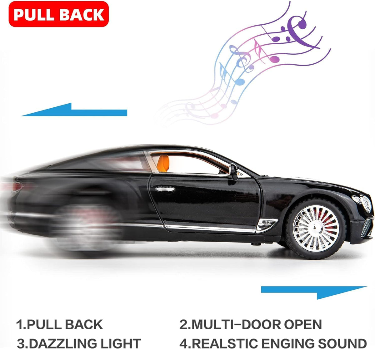 Joy Junction Bentley Cont Smoke 1:24 Scale Die-Cast Luxury Coupe Model with Sound & Light – Pull Back Metal Car Toy (Black)