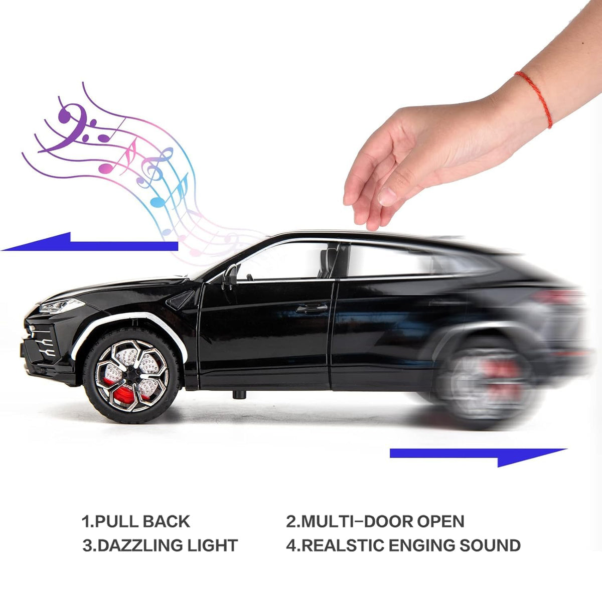 Joy Junction 1:24 Lamborghini Bison URUS Smoke Scale Die-Cast SUV Model with Sound & Light – Pull Back Metal Sports SUV Toy (Black)