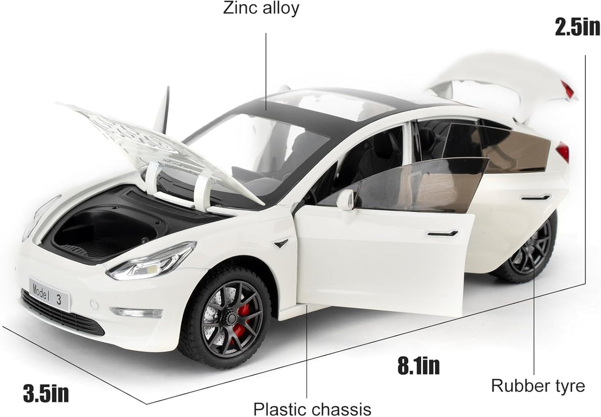 Joy Junction 1:24 Scale Tesla Model 3 Diecast Car Model with Sound & Light – Pull Back Metal Toy Car for Kids & Collectors (White)