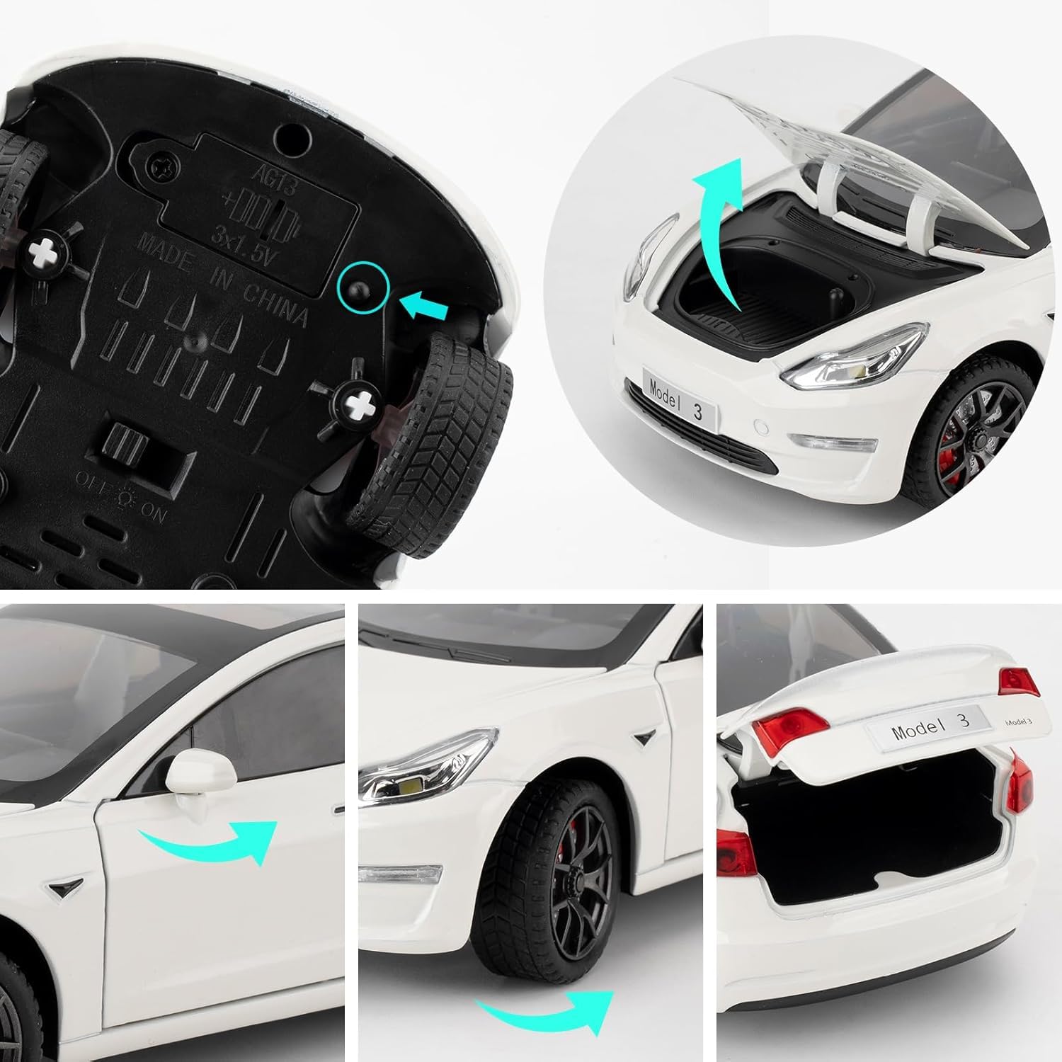 Joy Junction 1:24 Scale Tesla Model 3 Diecast Car Model with Sound & Light – Pull Back Metal Toy Car for Kids & Collectors (White)