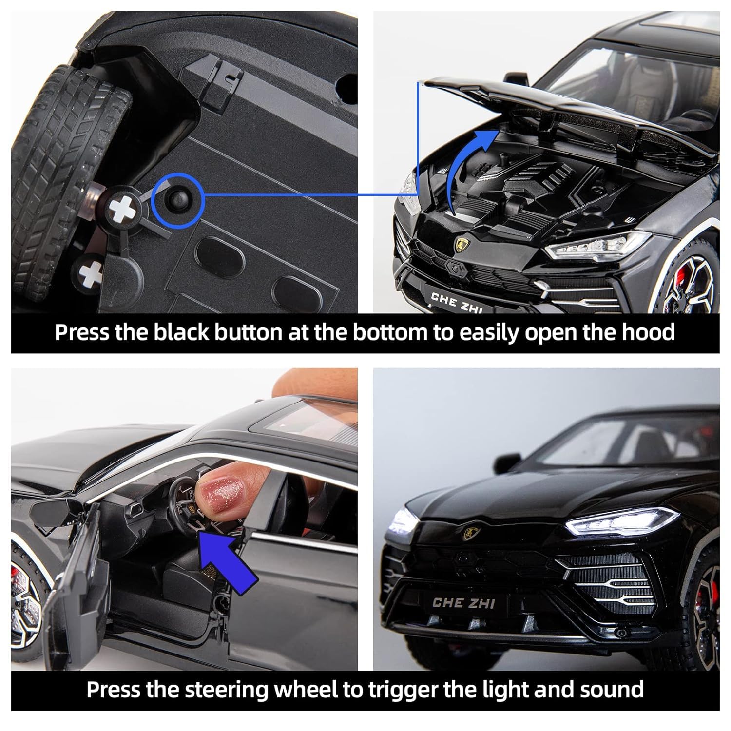 Joy Junction 1:24 Lamborghini Bison URUS Smoke Scale Die-Cast SUV Model with Sound & Light – Pull Back Metal Sports SUV Toy (Black)
