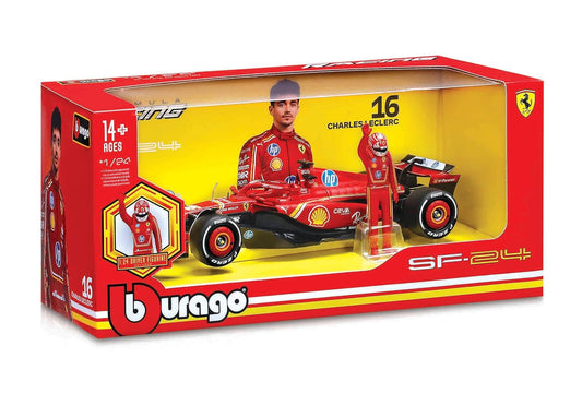 Bburago 1:24 Scuderia Ferrari SF-24 Formula 1 Race Car with Charles Leclerc Driver Figure (2024) Diecast Model | Official Ferrari Licensed Collectible
