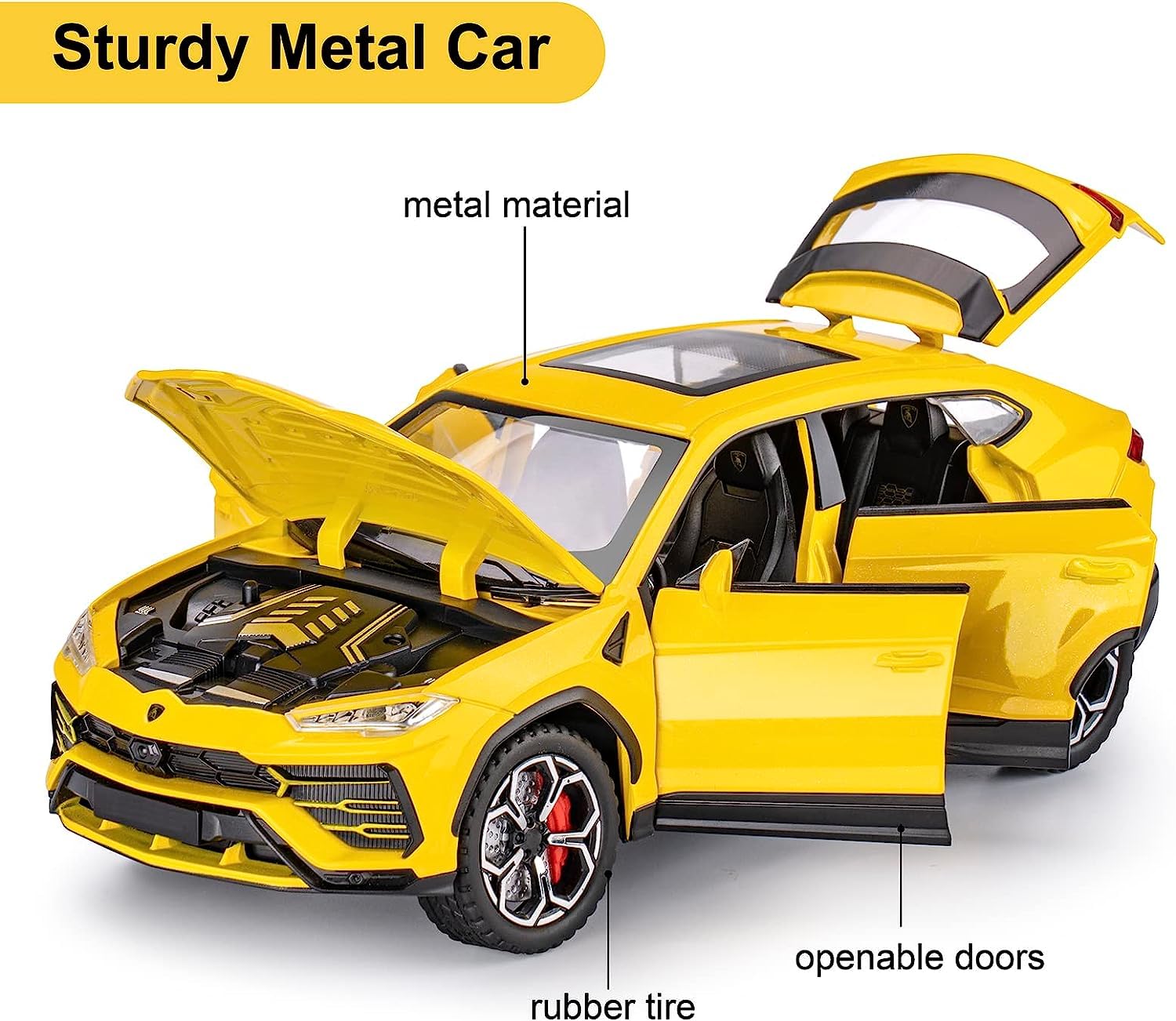Joy Junction Lamborghini Bison URUS Smoke 1:24 Scale Die-Cast SUV Model with Sound & Light – Pull Back Metal Sports SUV Toy (Yellow)