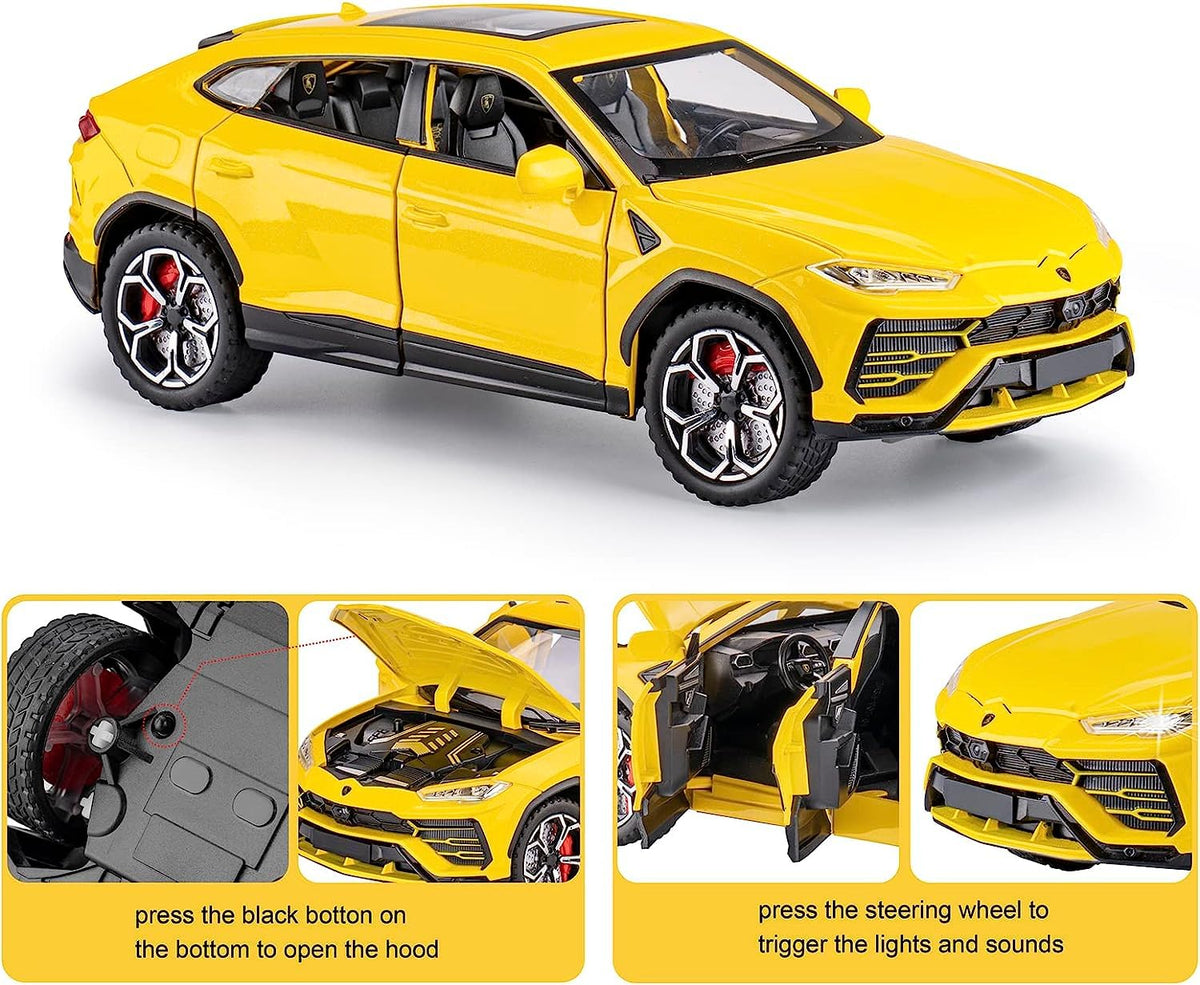 Joy Junction Lamborghini Bison URUS Smoke 1:24 Scale Die-Cast SUV Model with Sound & Light – Pull Back Metal Sports SUV Toy (Yellow)