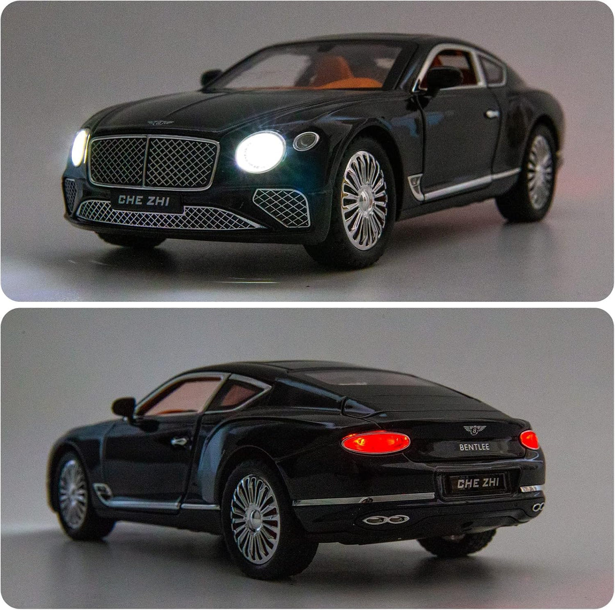Joy Junction Bentley Cont Smoke 1:24 Scale Die-Cast Luxury Coupe Model with Sound & Light – Pull Back Metal Car Toy (Black)