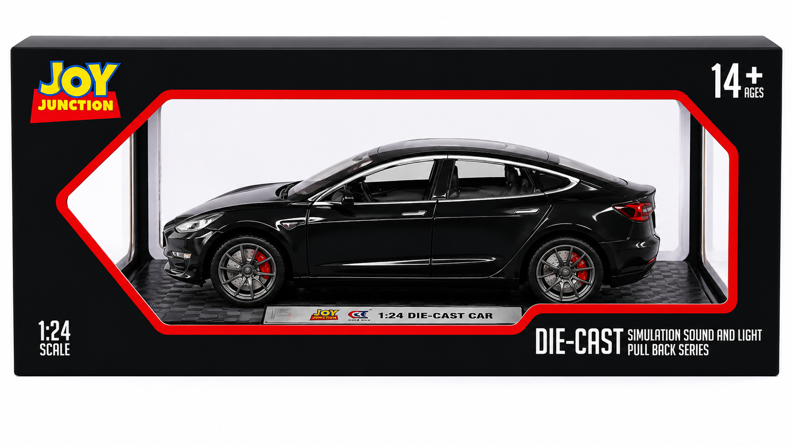 Joy Junction 1:24 Scale Tesla Model 3 Die-Cast Car Model with Sound & Light – Pull Back Metal Collectible Toy Car (Black)