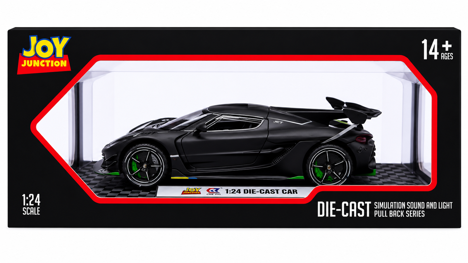 Joy Junction Koenig Smoke 1:24 Scale Die-Cast Hypercar Model with Sound & Light – Pull Back Metal Sports Car Toy for Collectors (Black)