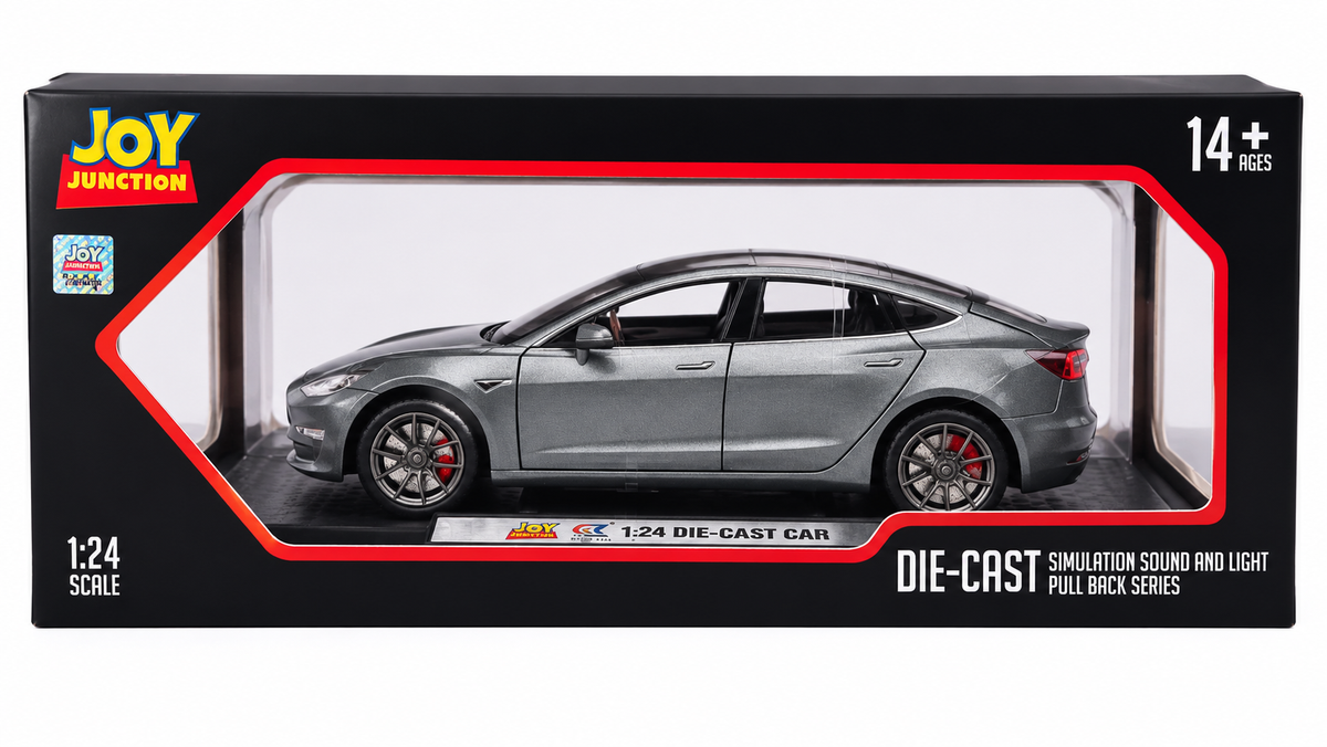 Joy Junction 1:24 Scale Tesla Model 3 Die-Cast Car Model with Sound & Light – Pull Back Metal Collectible Toy Car (Silver Grey)