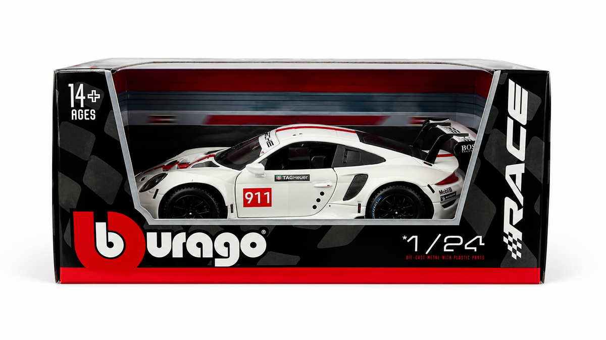 Bburago Porsche 911 RSR #911 1:24 Die-Cast Model Car | White Racing Edition | Premium Collectible