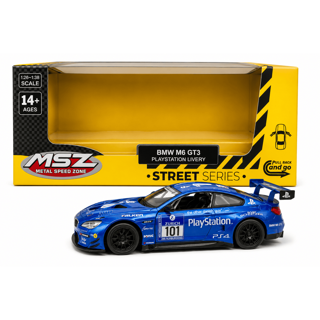 MSZ 1:24 BMW M6 GT3 #101 PlayStation Livery Blue Die-Cast Model Car with Openable Doors & Pull-Back Action