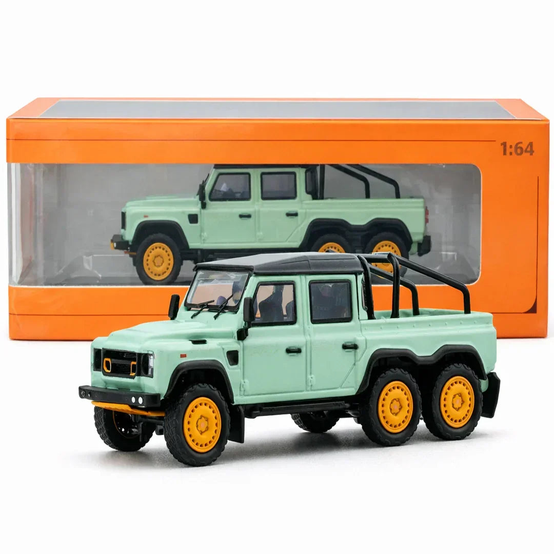 GCD Defender 6x6 Off-Road Expedition Pickup Diecast Car 1:64 Scale – Rugged Adventure Truck Collector Model with Display Box