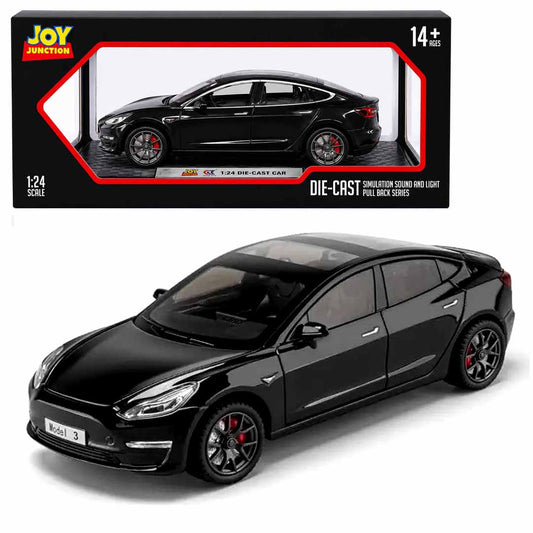 Joy Junction 1:24 Scale Tesla Model 3 Die-Cast Car Model with Sound & Light – Pull Back Metal Collectible Toy Car (Black)