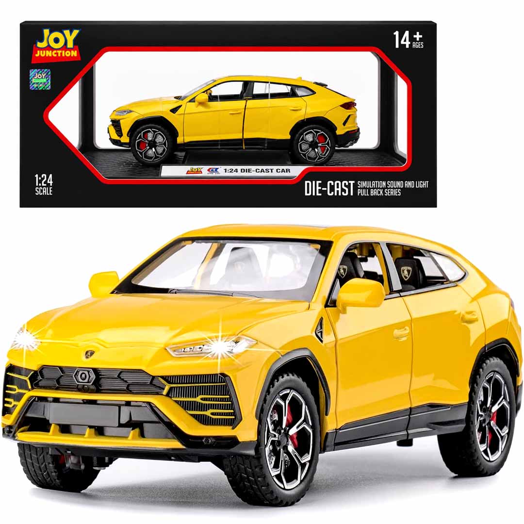 Joy Junction Lamborghini Bison URUS Smoke 1:24 Scale Die-Cast SUV Model with Sound & Light – Pull Back Metal Sports SUV Toy (Yellow)
